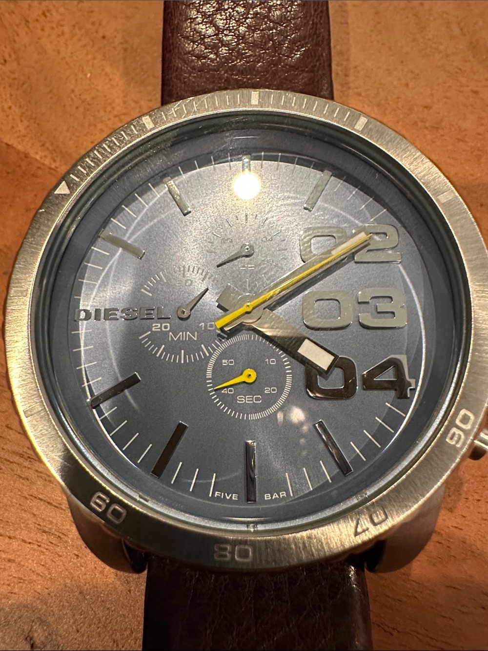 Diesel Blue Dial Watch with Yellow Hands and Brown Leather Strap